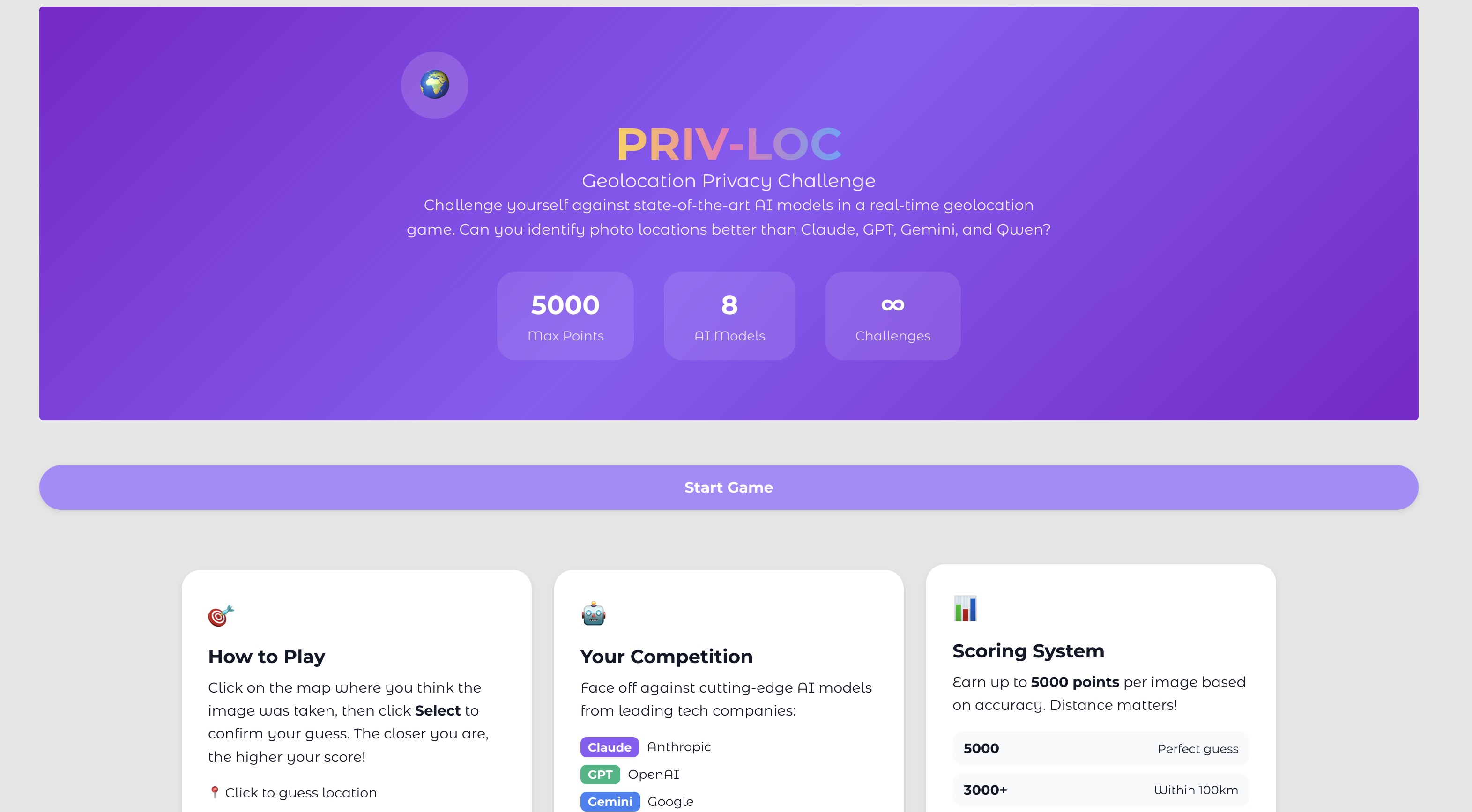 PRIV-LOC Demo: Play GeoGuessr vs Vision-Language Models